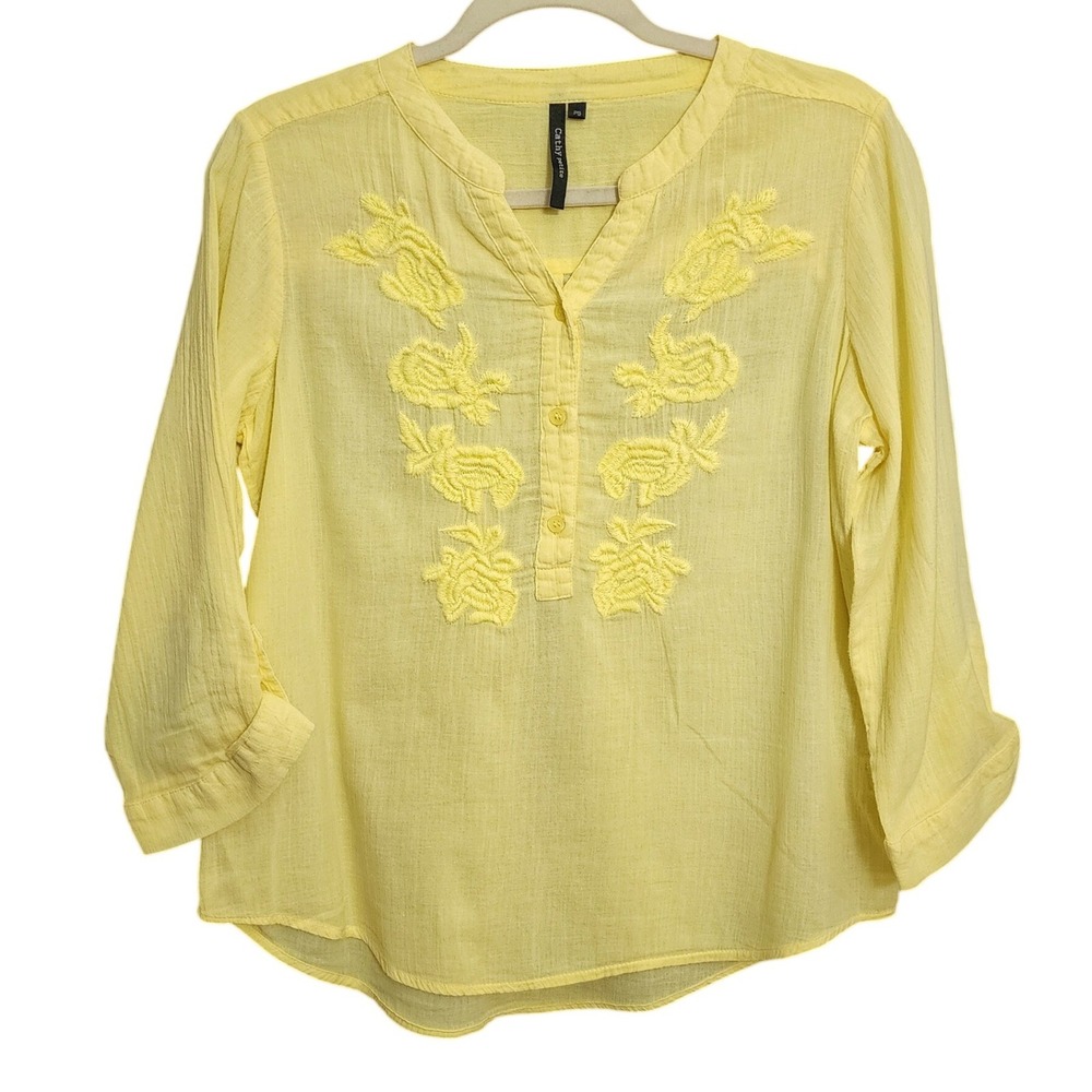 Cathy Petite Womens Blouse Yellow Embroidered Cotton Gauze 3/4 Sleeve PS
